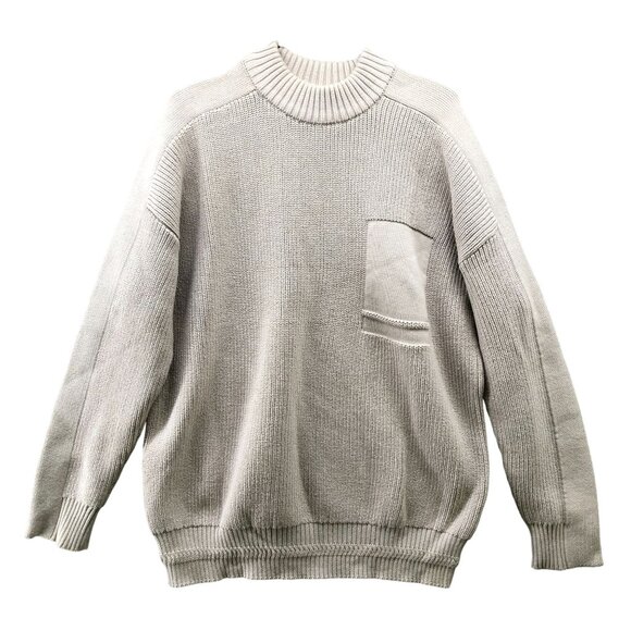 Zara Cotton Sweater Mens L Beige Crewneck Relaxed Chunky Ribbed Stretch - Picture 1 of 9
